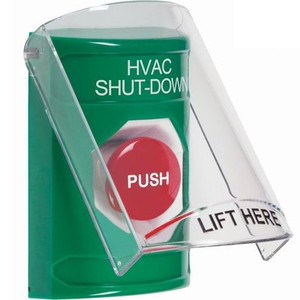 SS21A4HV-ES STI Green Indoor Only Flush or Surface w/ Horn Momentary Stopper Station with HVAC SHUT DOWN Label Spanish