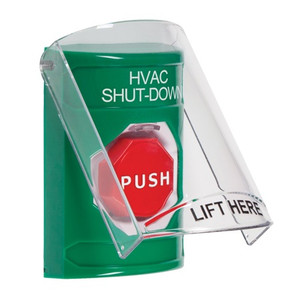 SS21A5HV-ES STI Green Indoor Only Flush or Surface w/ Horn Momentary (Illuminated) Stopper Station with HVAC SHUT DOWN Label Spanish