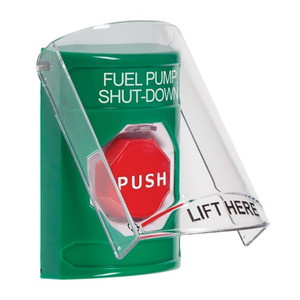 SS21A9PS-ES STI Green Indoor Only Flush or Surface w/ Horn Turn-to-Reset (Illuminated) Stopper Station with FUEL PUMP SHUT DOWN Label Spanish