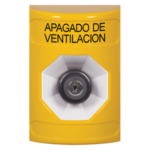 SS2203HV-ES STI Yellow No Cover Key-to-Activate Stopper Station with HVAC SHUT DOWN Label Spanish
