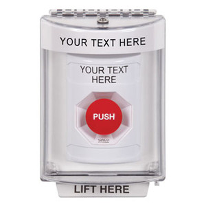 SS2331ZA-EN STI White Indoor/Outdoor Flush Turn-to-Reset Stopper Station with Non-Returnable Custom Text Label English