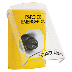 SS2223ES-ES STI Yellow Indoor Only Flush or Surface Key-to-Activate Stopper Station with EMERGENCY STOP Label Spanish