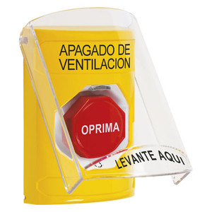 SS2229HV-ES STI Yellow Indoor Only Flush or Surface Turn-to-Reset (Illuminated) Stopper Station with HVAC SHUT DOWN Label Spanish