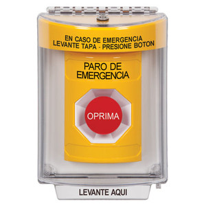 SS2234ES-ES STI Yellow Indoor/Outdoor Flush Momentary Stopper Station with EMERGENCY STOP Label Spanish