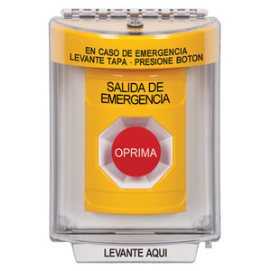 SS2234EX-ES STI Yellow Indoor/Outdoor Flush Momentary Stopper Station with EMERGENCY EXIT Label Spanish