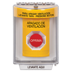 SS2234HV-ES STI Yellow Indoor/Outdoor Flush Momentary Stopper Station with HVAC SHUT DOWN Label Spanish