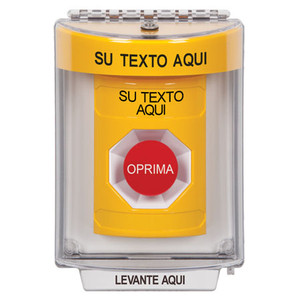 SS2234ZA-ES STI Yellow Indoor/Outdoor Flush Momentary Stopper Station with Non-Returnable Custom Text Label Spanish