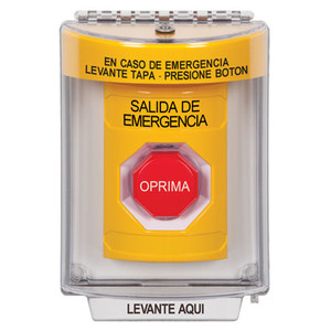 SS2235EX-ES STI Yellow Indoor/Outdoor Flush Momentary (Illuminated) Stopper Station with EMERGENCY EXIT Label Spanish