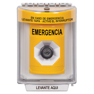 SS2243EM-ES STI Yellow Indoor/Outdoor Flush w/ Horn Key-to-Activate Stopper Station with EMERGENCY Label Spanish
