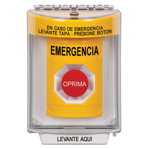 SS2244EM-ES STI Yellow Indoor/Outdoor Flush w/ Horn Momentary Stopper Station with EMERGENCY Label Spanish