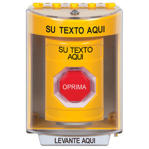 SS2278ZA-ES STI Yellow Indoor/Outdoor Surface Pneumatic (Illuminated) Stopper Station with Non-Returnable Custom Text Label Spanish