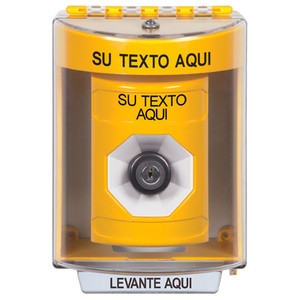 SS2283ZA-ES STI Yellow Indoor/Outdoor Surface w/ Horn Key-to-Activate Stopper Station with Non-Returnable Custom Text Label Spanish