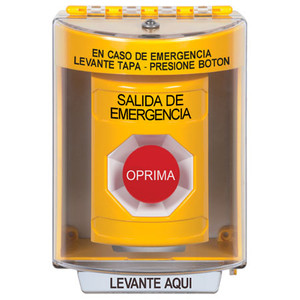 SS2284EX-ES STI Yellow Indoor/Outdoor Surface w/ Horn Momentary Stopper Station with EMERGENCY EXIT Label Spanish