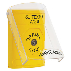 SS22A0ZA-ES STI Yellow Indoor Only Flush or Surface w/ Horn Key-to-Reset Stopper Station with Non-Returnable Custom Text Label Spanish