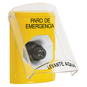 SS22A3ES-ES STI Yellow Indoor Only Flush or Surface w/ Horn Key-to-Activate Stopper Station with EMERGENCY STOP Label Spanish