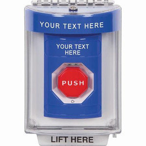 SS2439ZA-EN STI Blue Indoor/Outdoor Flush Turn-to-Reset (Illuminated) Stopper Station with Non-Returnable Custom Text Label English