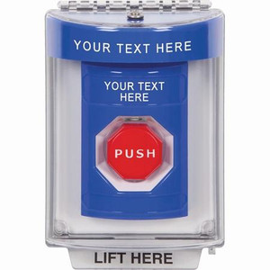 SS2448ZA-EN STI Blue Indoor/Outdoor Flush w/ Horn Pneumatic (Illuminated) Stopper Station with Non-Returnable Custom Text Label English