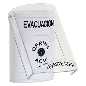SS2320EV-ES STI White Indoor Only Flush or Surface Key-to-Reset Stopper Station with EVACUATION Label Spanish