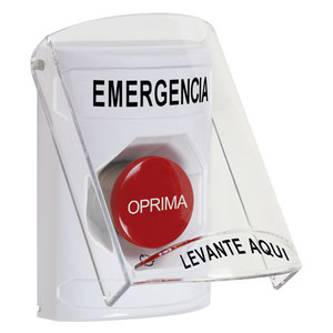 SS2321EM-ES STI White Indoor Only Flush or Surface Turn-to-Reset Stopper Station with EMERGENCY Label Spanish