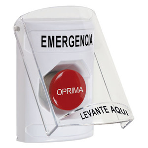 SS2324EM-ES STI White Indoor Only Flush or Surface Momentary Stopper Station with EMERGENCY Label Spanish
