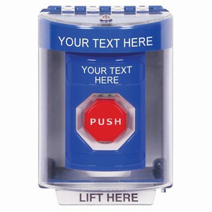 SS2475ZA-EN STI Blue Indoor/Outdoor Surface Momentary (Illuminated) Stopper Station with Non-Returnable Custom Text Label English