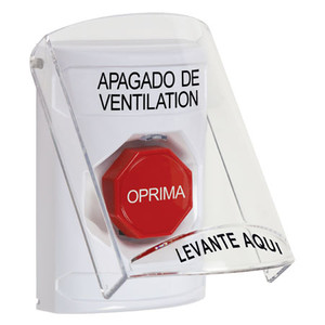 SS2325HV-ES STI White Indoor Only Flush or Surface Momentary (Illuminated) Stopper Station with HVAC SHUT DOWN Label Spanish