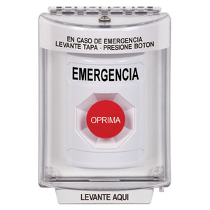 SS2334EM-ES STI White Indoor/Outdoor Flush Momentary Stopper Station with EMERGENCY Label Spanish