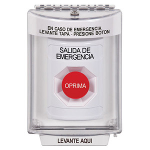 SS2334EX-ES STI White Indoor/Outdoor Flush Momentary Stopper Station with EMERGENCY EXIT Label Spanish