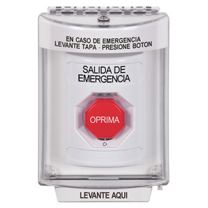 SS2339EX-ES STI White Indoor/Outdoor Flush Turn-to-Reset (Illuminated) Stopper Station with EMERGENCY EXIT Label Spanish