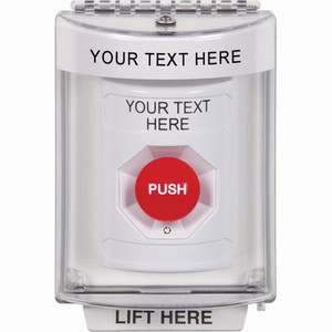 SS2341ZA-ES STI White Indoor/Outdoor Flush w/ Horn Turn-to-Reset Stopper Station with Non-Returnable Custom Text Label Spanish