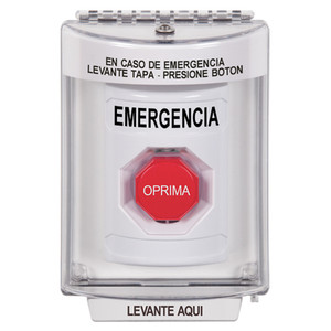 SS2348EM-ES STI White Indoor/Outdoor Flush w/ Horn Pneumatic (Illuminated) Stopper Station with EMERGENCY Label Spanish