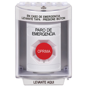 SS2371ES-ES STI White Indoor/Outdoor Surface Turn-to-Reset Stopper Station with EMERGENCY STOP Label Spanish