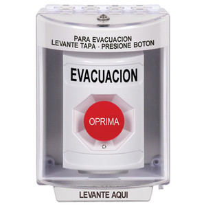 SS2371EV-ES STI White Indoor/Outdoor Surface Turn-to-Reset Stopper Station with EVACUATION Label Spanish