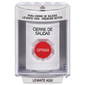 SS2371LD-ES STI White Indoor/Outdoor Surface Turn-to-Reset Stopper Station with LOCKDOWN Label Spanish