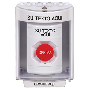 SS2371ZA-ES STI White Indoor/Outdoor Surface Turn-to-Reset Stopper Station with Non-Returnable Custom Text Label Spanish