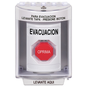 SS2378EV-ES STI White Indoor/Outdoor Surface Pneumatic (Illuminated) Stopper Station with EVACUATION Label Spanish