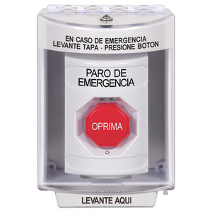 SS2379ES-ES STI White Indoor/Outdoor Surface Turn-to-Reset (Illuminated) Stopper Station with EMERGENCY STOP Label Spanish