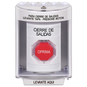 SS2379LD-ES STI White Indoor/Outdoor Surface Turn-to-Reset (Illuminated) Stopper Station with LOCKDOWN Label Spanish