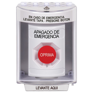 SS2381PO-ES STI White Indoor/Outdoor Surface w/ Horn Turn-to-Reset Stopper Station with EMERGENCY POWER OFF Label Spanish
