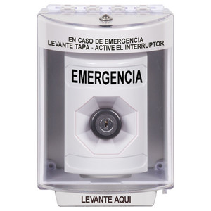 SS2383EM-ES STI White Indoor/Outdoor Surface w/ Horn Key-to-Activate Stopper Station with EMERGENCY Label Spanish