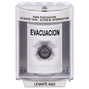 SS2383EV-ES STI White Indoor/Outdoor Surface w/ Horn Key-to-Activate Stopper Station with EVACUATION Label Spanish