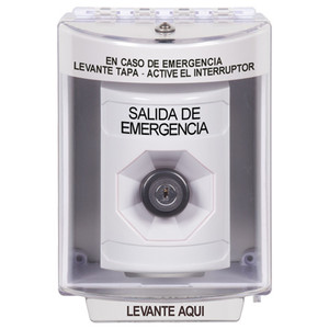 SS2383EX-ES STI White Indoor/Outdoor Surface w/ Horn Key-to-Activate Stopper Station with EMERGENCY EXIT Label Spanish