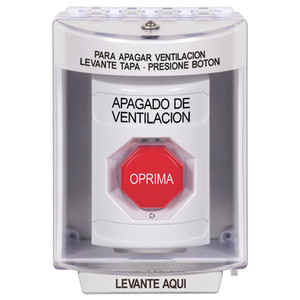 SS2389HV-ES STI White Indoor/Outdoor Surface w/ Horn Turn-to-Reset (Illuminated) Stopper Station with HVAC SHUT DOWN Label Spanish