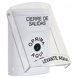 SS23A0LD-ES STI White Indoor Only Flush or Surface w/ Horn Key-to-Reset Stopper Station with LOCKDOWN Label Spanish