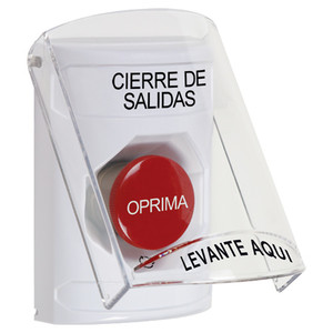 SS23A1LD-ES STI White Indoor Only Flush or Surface w/ Horn Turn-to-Reset Stopper Station with LOCKDOWN Label Spanish