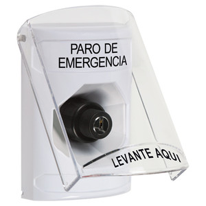 SS23A3ES-ES STI White Indoor Only Flush or Surface w/ Horn Key-to-Activate Stopper Station with EMERGENCY STOP Label Spanish