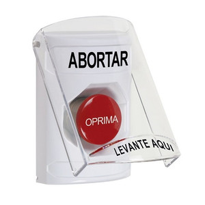 SS23A4AB-ES STI White Indoor Only Flush or Surface w/ Horn Momentary Stopper Station with ABORT Label Spanish