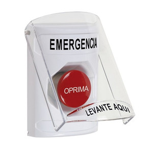 SS23A4EM-ES STI White Indoor Only Flush or Surface w/ Horn Momentary Stopper Station with EMERGENCY Label Spanish