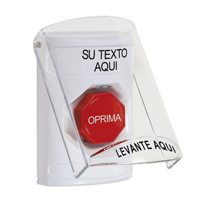 SS23A5ZA-ES STI White Indoor Only Flush or Surface w/ Horn Momentary (Illuminated) Stopper Station with Non-Returnable Custom Text Label Spanish