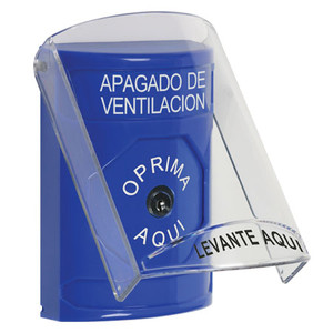 SS2420HV-ES STI Blue Indoor Only Flush or Surface Key-to-Reset Stopper Station with HVAC SHUT DOWN Label Spanish